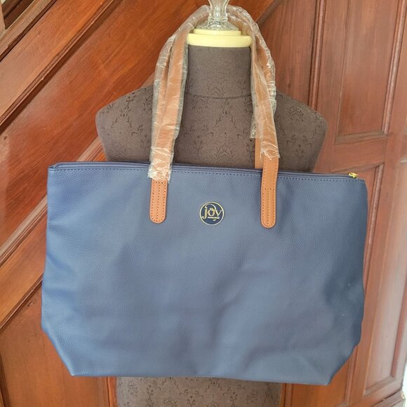 Joy Mangano Blue Leather Tote Bag With Brown Handles - Picture 1 of 12